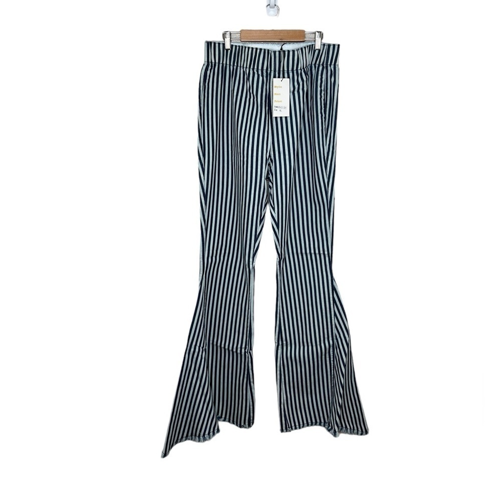 Home Folk Blue Striped Elastic Waist Flare Jeans